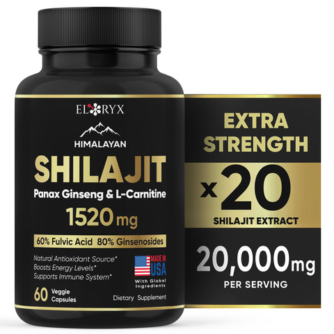 Eloryx Himalayan Shilajit Supplement 60 Capsules with Panax Ginseng Antioxidant Energy & Immune Support Made in USA